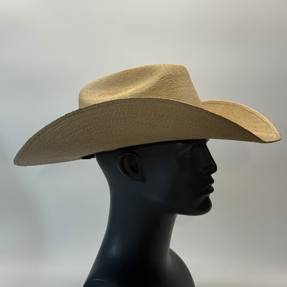 Atwood Hereford Crown Cowboy Hat Mens 7 5/8 Tan Straw Western Long Oval 90s